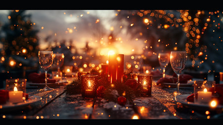 Christmas table setting with candles and decorations. Selective focus. Holiday.の素材