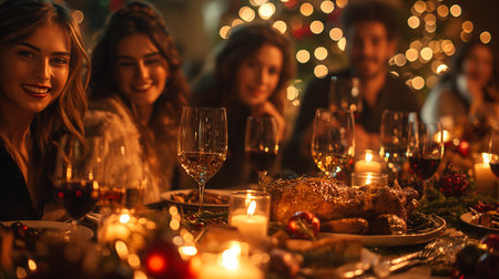 Group of friends having christmas dinner together at home, focus on the turkeyの素材