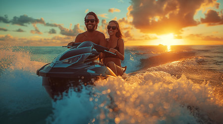 Young couple on a jet ski at sunset on a tropical beach.の素材