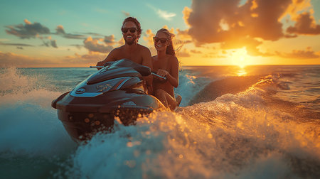 Two young women riding a jet ski on the ocean at sunset.の素材