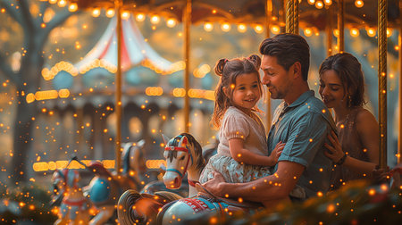 Happy family having fun on a merry-go-round at sunsetの素材