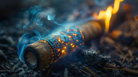 Burning wood stick in the fire. Fire and smoke concept.の素材