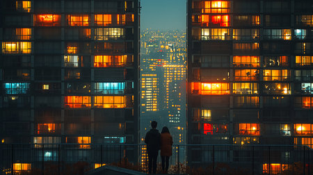 Back view of a young couple standing on the roof of a skyscraper and looking at the cityの素材