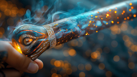 Hand holding a burning incense stick with bokeh background.の素材