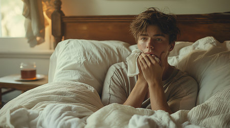 Young man sitting in bed and having a cup of tea or coffeeの素材