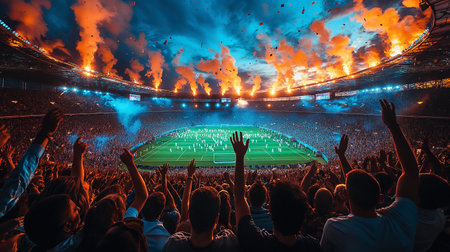 Football fans cheering for their favorite team at the stadium with lights and smokeの素材