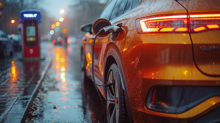 Car on the road in the rain. Rainy day. Yellow car.の素材