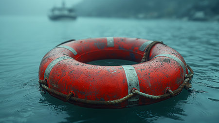 Lifebuoy in the sea at foggy day. 3d renderingの素材