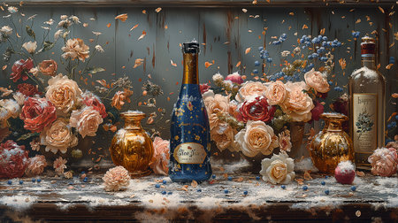 Still life with old bottles of wine and flowers on a wooden backgroundの素材