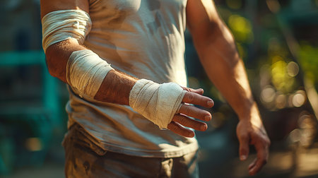 Close-up of a man in a bandage on his hands.の素材