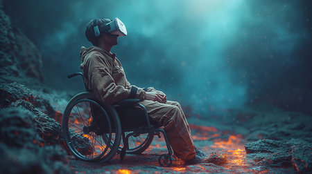 Disabled man in a wheelchair on the background of the volcano.の素材