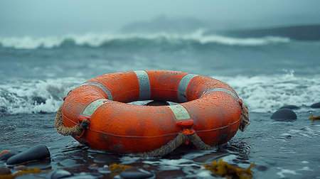 Lifebuoy on the beach in foggy weather. 3d renderingの素材