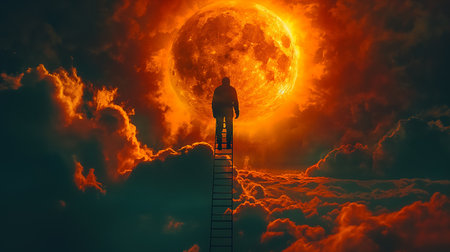 Man climbing the ladder to the big red moon. 3D renderingの素材