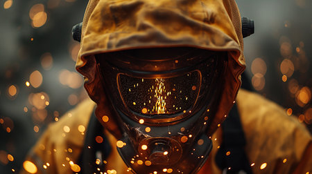 Close-up of welder in protective mask welding metal with sparksの素材