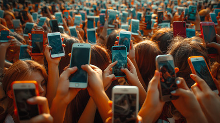 Group of people taking a selfie with mobile phones at a music festivalの素材