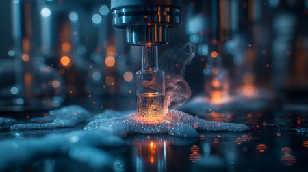 Science laboratory research and development concept. Microscope with test tubes.の素材