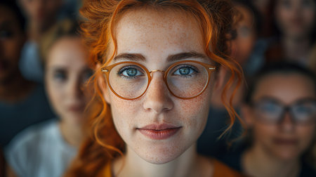 Portrait of a beautiful redhead girl with glasses on her faceの素材