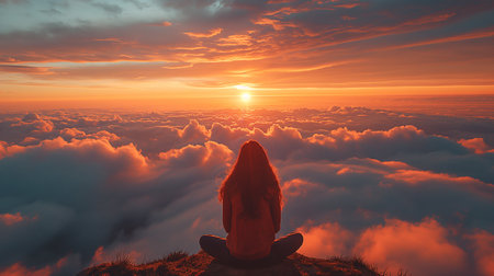 Woman meditating on top of the mountain above the clouds at sunsetの素材