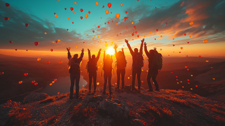 Silhouette of a group of friends with raised hands on the top of the mountain against the sunsetの素材