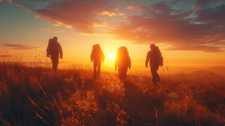 Group of hikers in the mountains at sunset. Travel and adventure concept.の素材