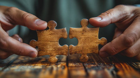 Hands connecting jigsaw puzzle piece. Business solution and strategy conceptの素材
