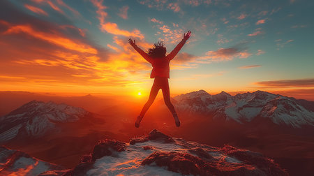 Happy woman jumping on top of mountain at sunset. 3d renderingの素材