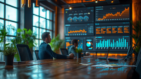 Businessman analyzing investment charts with laptop and tablet in modern office.の素材