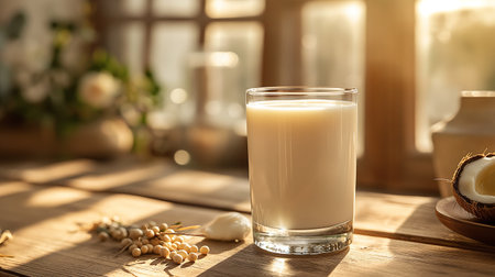 Glass of fresh coconut milk on wooden table with sun light, selective focusの素材