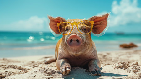 Portrait of a funny pig in glasses on a tropical beach.の素材