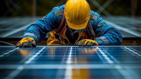 Worker installing solar photovoltaic panels on a roof.の素材