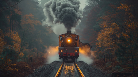 Steam locomotive with steam in the autumn forest. 3d renderingの素材