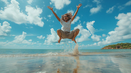 happy young woman jumping on tropical beach with sand and sea in backgroundの素材