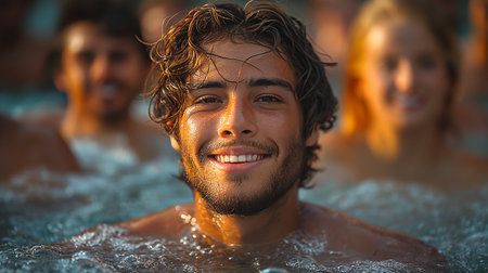 Portrait of smiling young man in swimming pool with friends in backgroundの素材