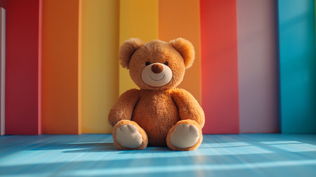 Teddy bear sitting on a colorful background. 3d rendering.の素材