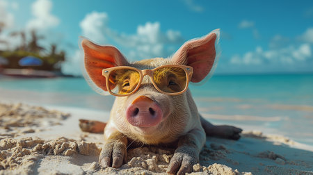 Cute pig with sunglasses on tropical beach at Maldives. Summer vacation conceptの素材