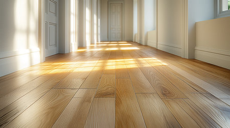 Empty room with wooden floor and sunlight,3d rendering. Computer digital drawing.の素材