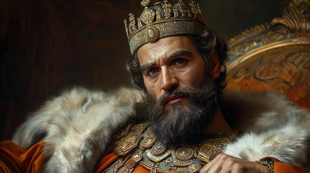 Portrait of a medieval king with a beard and a crown. Studio shot.の素材