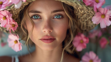 Portrait of a beautiful girl in a straw hat with pink flowersの素材