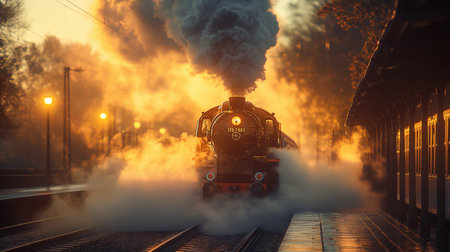 Old steam train on the railway station at sunset. Retro style.の素材