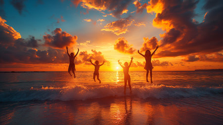 Silhouette of happy young people jumping on the beach at sunsetの素材