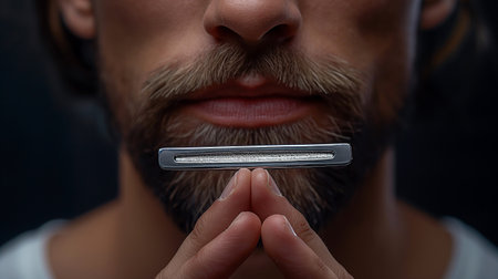 Close-up of a bearded man holding a razor blade in his handsの素材
