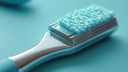 Toothbrush with blue bristles on blue background, closeupの素材