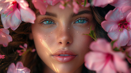 Close-up portrait of a beautiful girl with pink flowers in her hairの素材