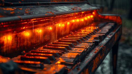 Old piano in the rain. Red and yellow lights on the piano.の素材