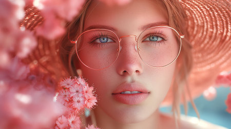 Beautiful young woman in hat and glasses on pink sakura backgroundの素材
