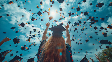 back view of female graduate in cap throwing graduation cap on sky backgroundの素材