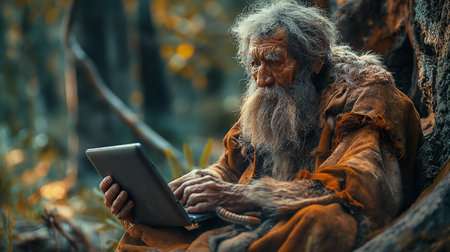 Old man with a tablet computer in the autumn forest. Portraitの素材