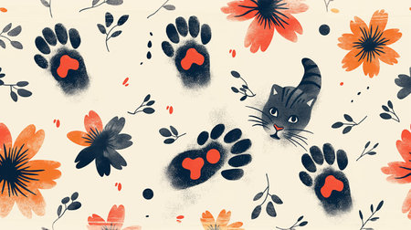 Seamless floral pattern with cat and paw prints. Vector illustration.の素材