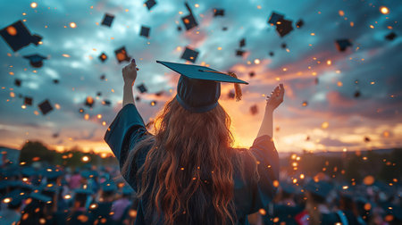 Back view of a young female graduate in cap and gown throwing graduation caps at sunsetの素材