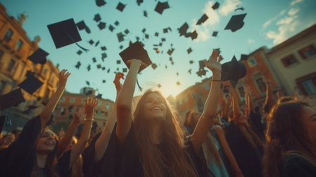 Group of students throwing mortarboards into the air during a graduation ceremonyの素材